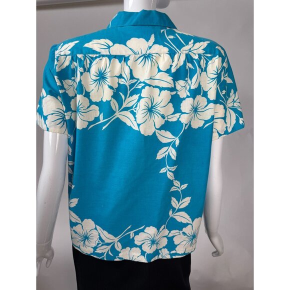 Hilo Hattie Womens Hawaiian Floral Button-Up Shirt Medium Teal & White 100% Cott - Picture 2 of 16